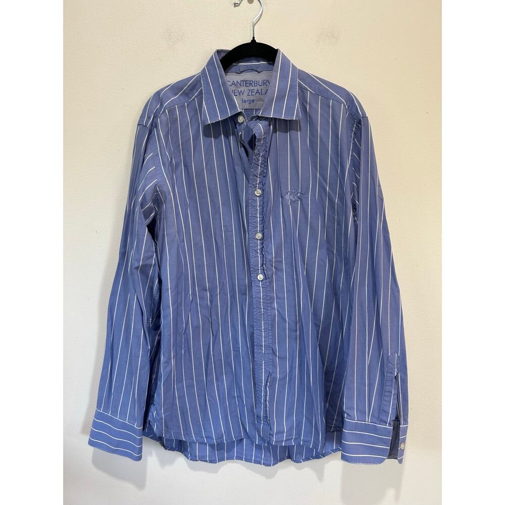 Canterbury of New Zealand button down shirt mens L blue striped some wear